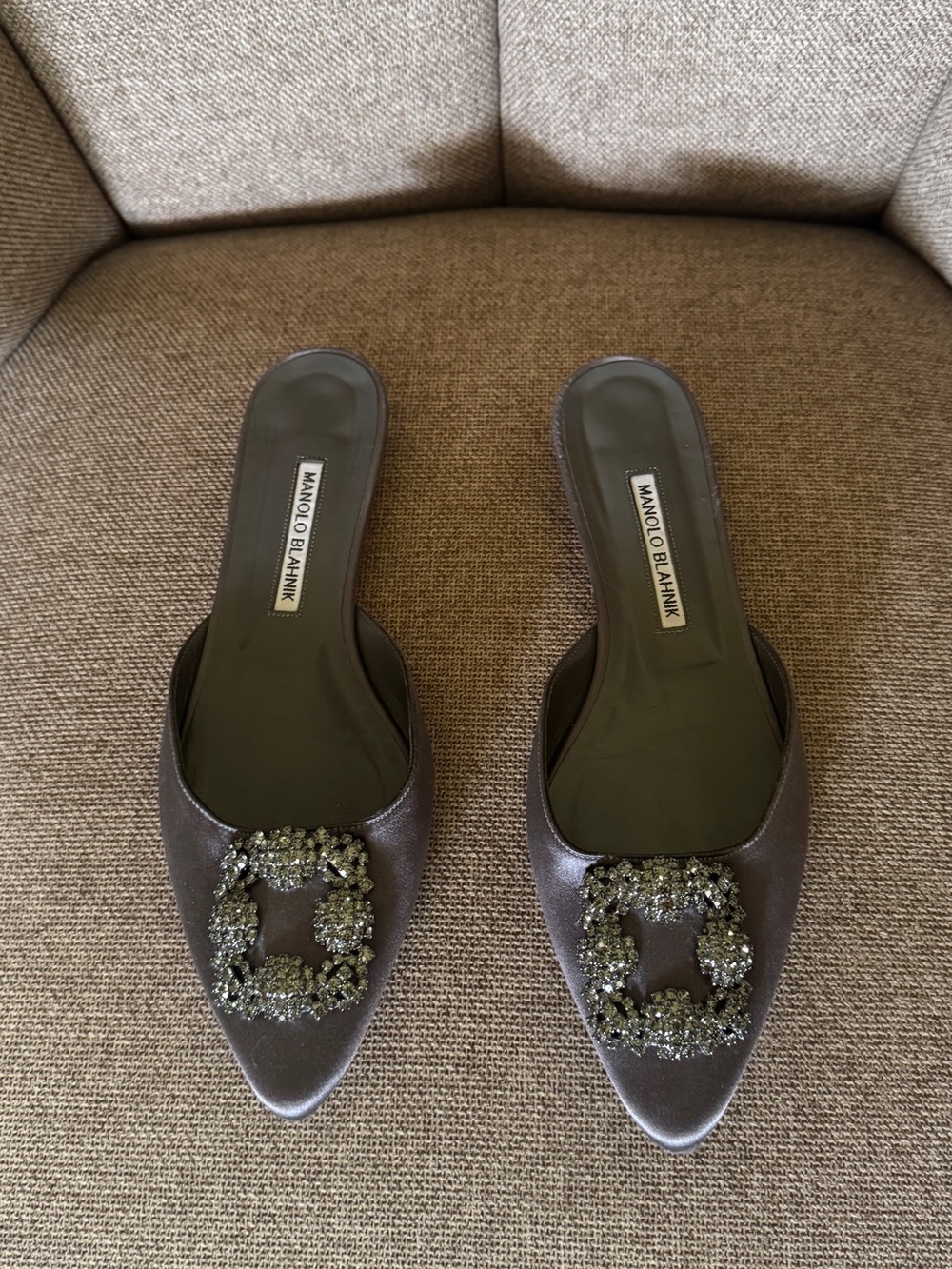 Manolo Blahnik Pointed Crystal-Embellished Mules